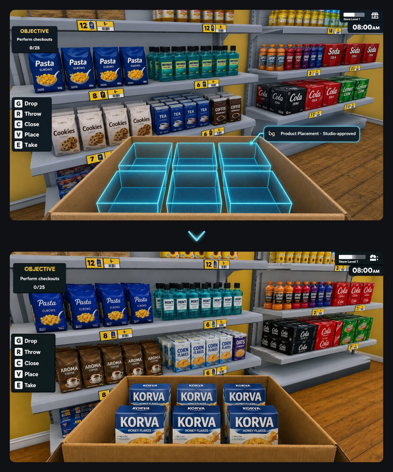 Before / after placement — Supermarket Sim