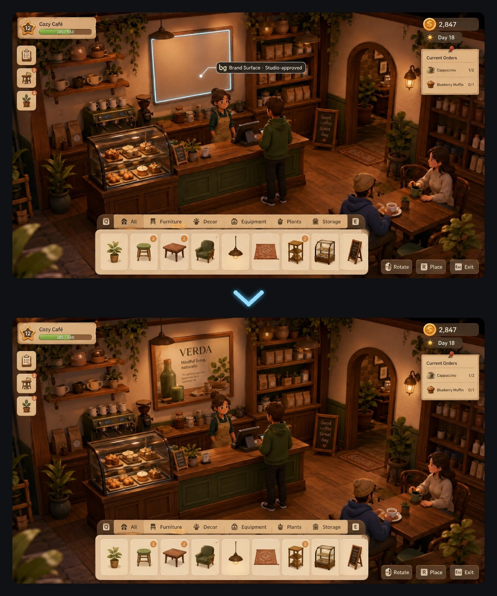 Before / after placement — Cosy Sim